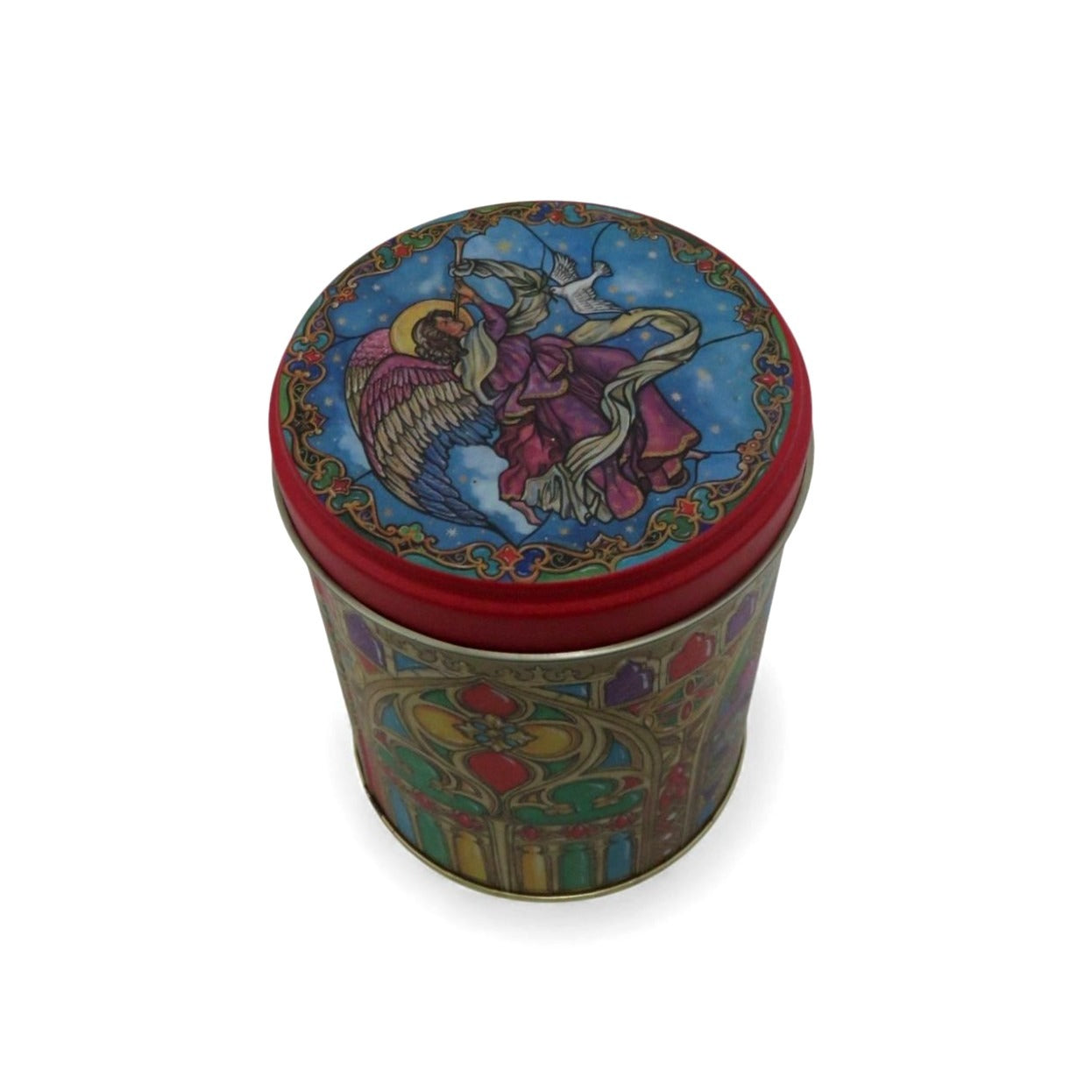 Vintage Angel Cathedral Tin Canister Lidded Christmas Keepsake 4.5"