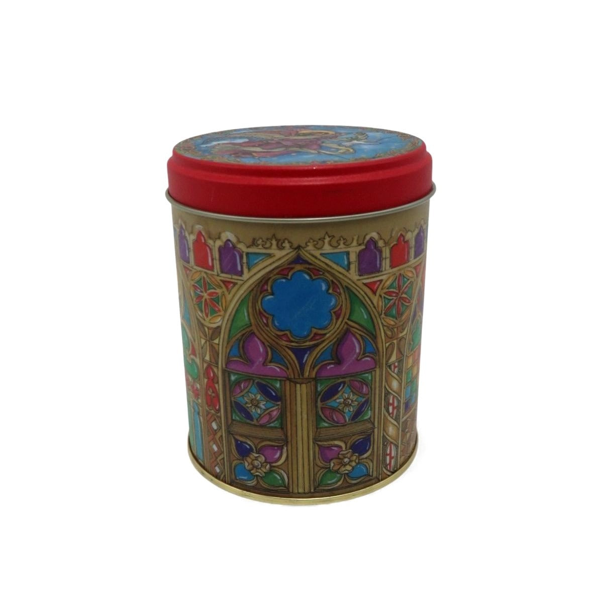 Vintage Angel Cathedral Tin Canister Lidded Christmas Keepsake 4.5"