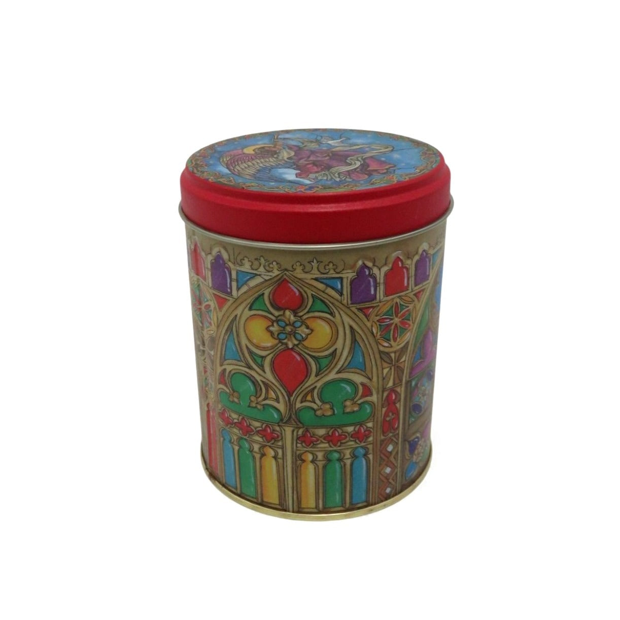 Vintage Angel Cathedral Tin Canister Lidded Christmas Keepsake 4.5"