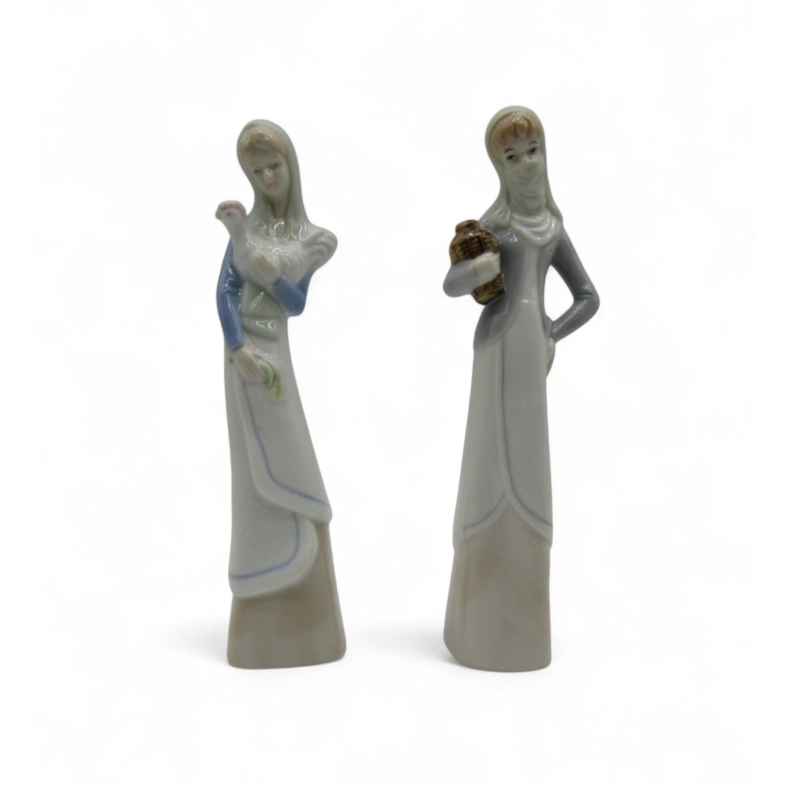 Vintage Lady Figurines Pair Bird Basket Mid Century Home Decor Gift 8.5"