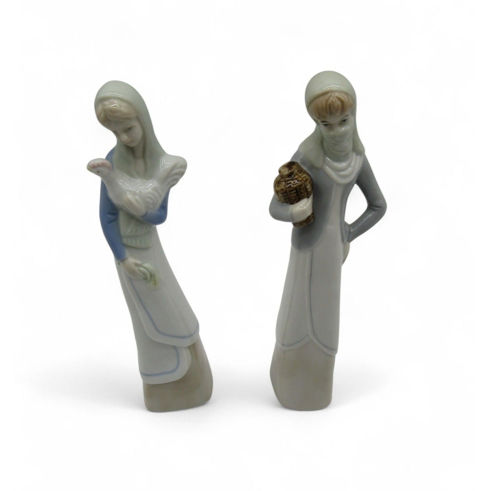 Vintage Lady Figurines Pair Bird Basket Mid Century Home Decor Gift 8.5"