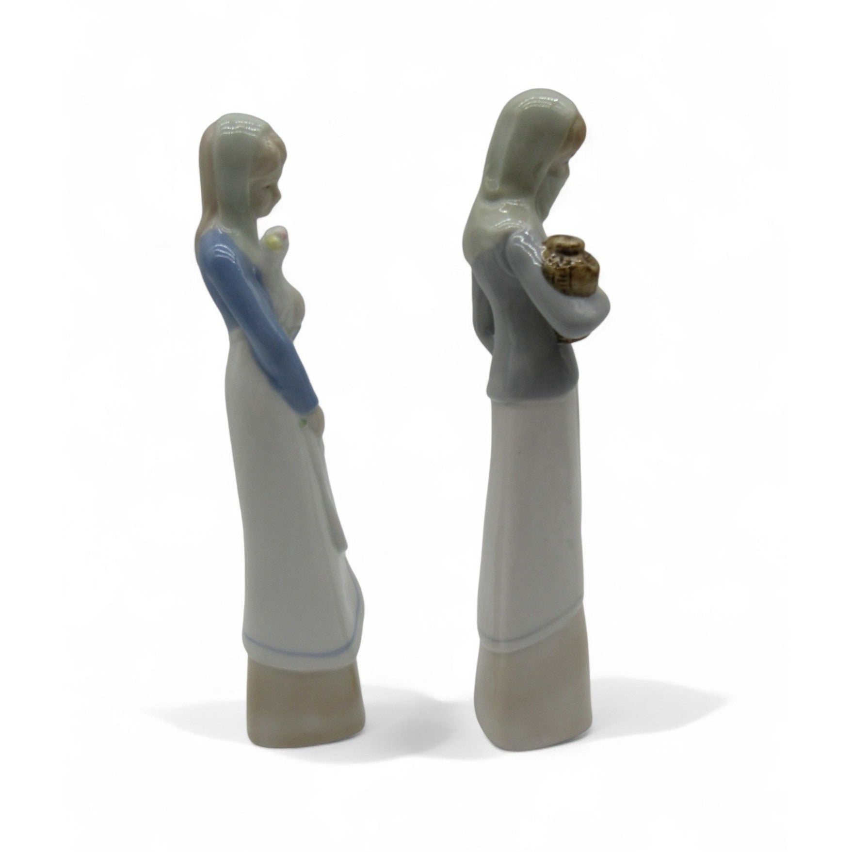 Vintage Lady Figurines Pair Bird Basket Mid Century Home Decor Gift 8.5"