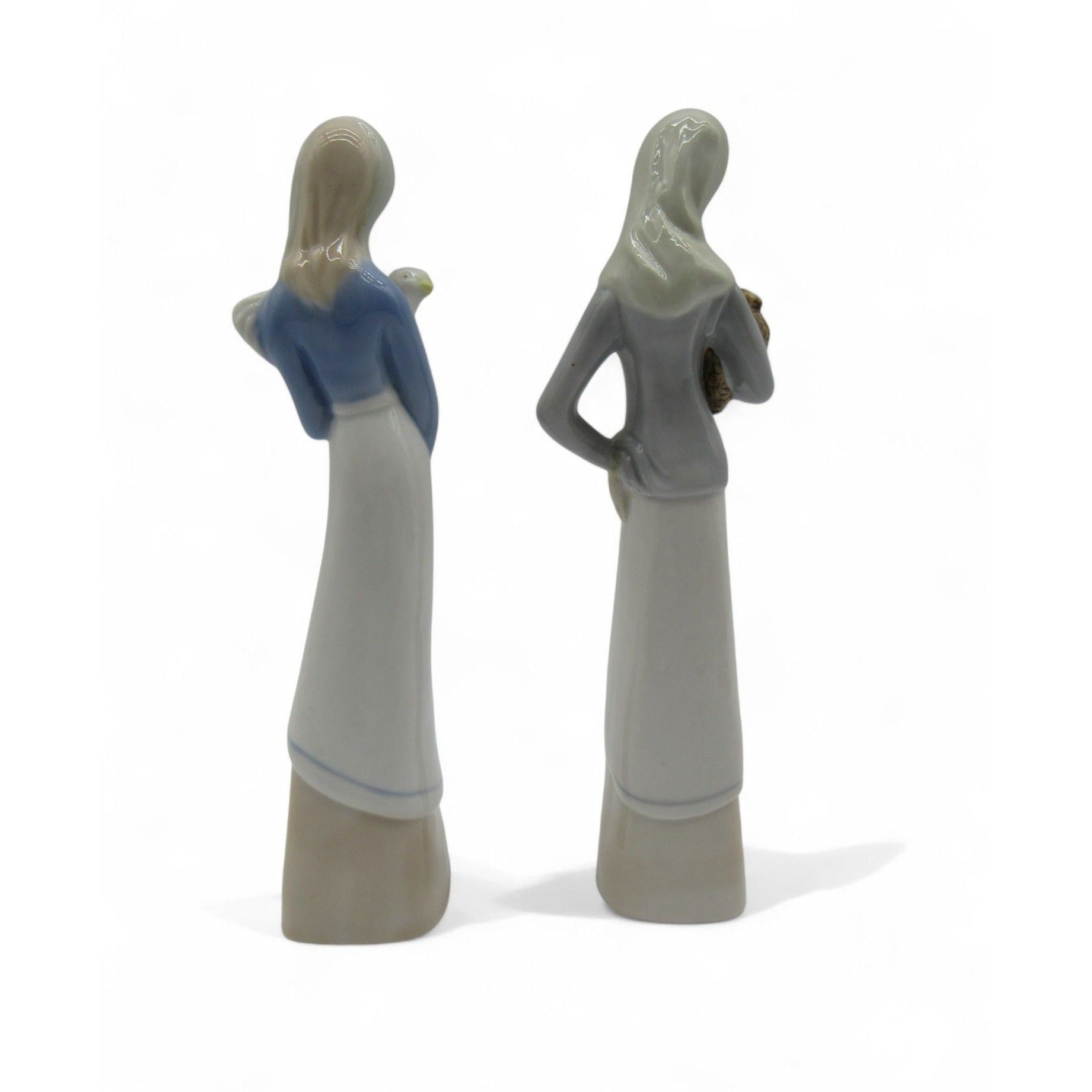 Vintage Lady Figurines Pair Bird Basket Mid Century Home Decor Gift 8.5"