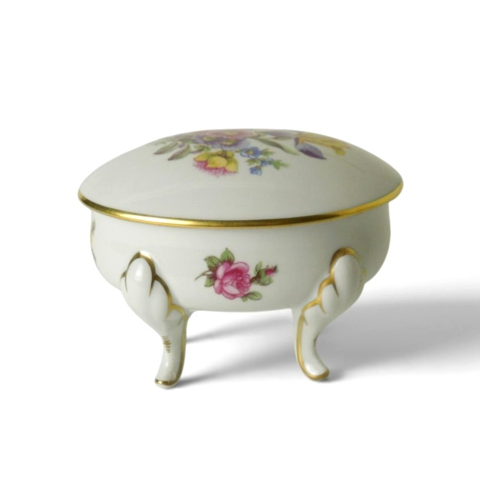 Vintage Graf Von Henneberg Porcelain Footed Trinket Box Floral Germany Gold