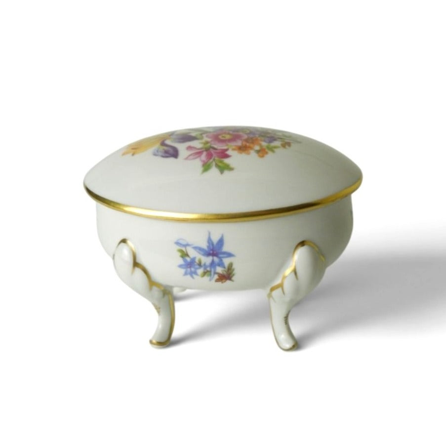 Vintage Graf Von Henneberg Porcelain Footed Trinket Box Floral Germany Gold