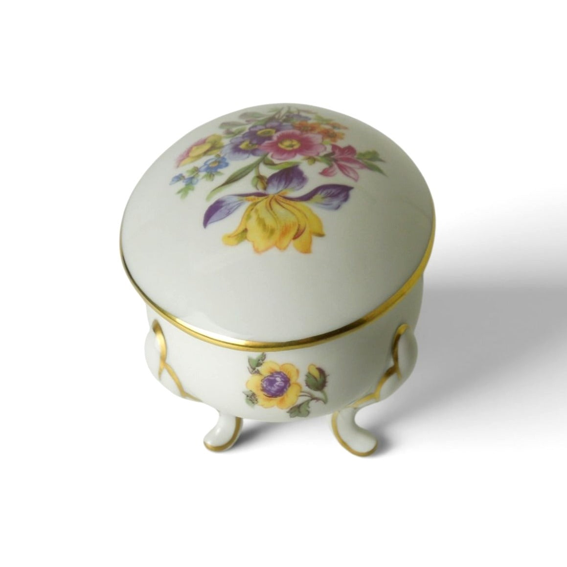 Vintage Graf Von Henneberg Porcelain Footed Trinket Box Floral Germany Gold