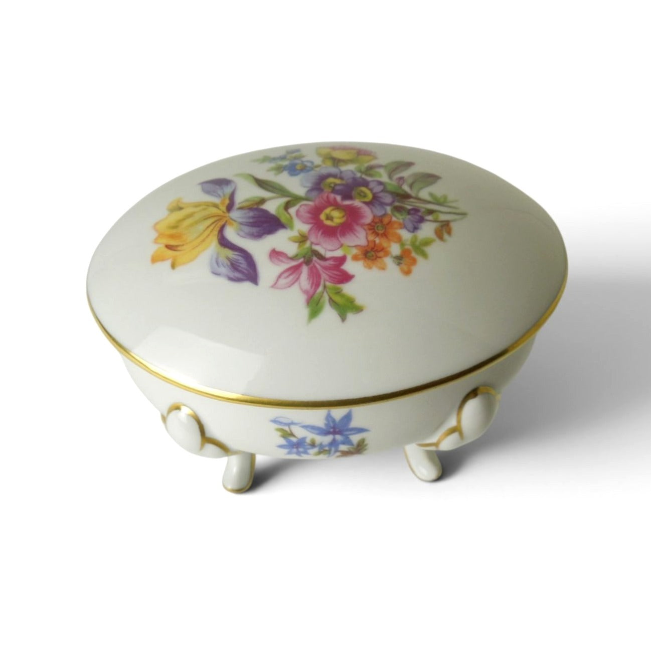 Vintage Graf Von Henneberg Porcelain Footed Trinket Box Floral Germany Gold