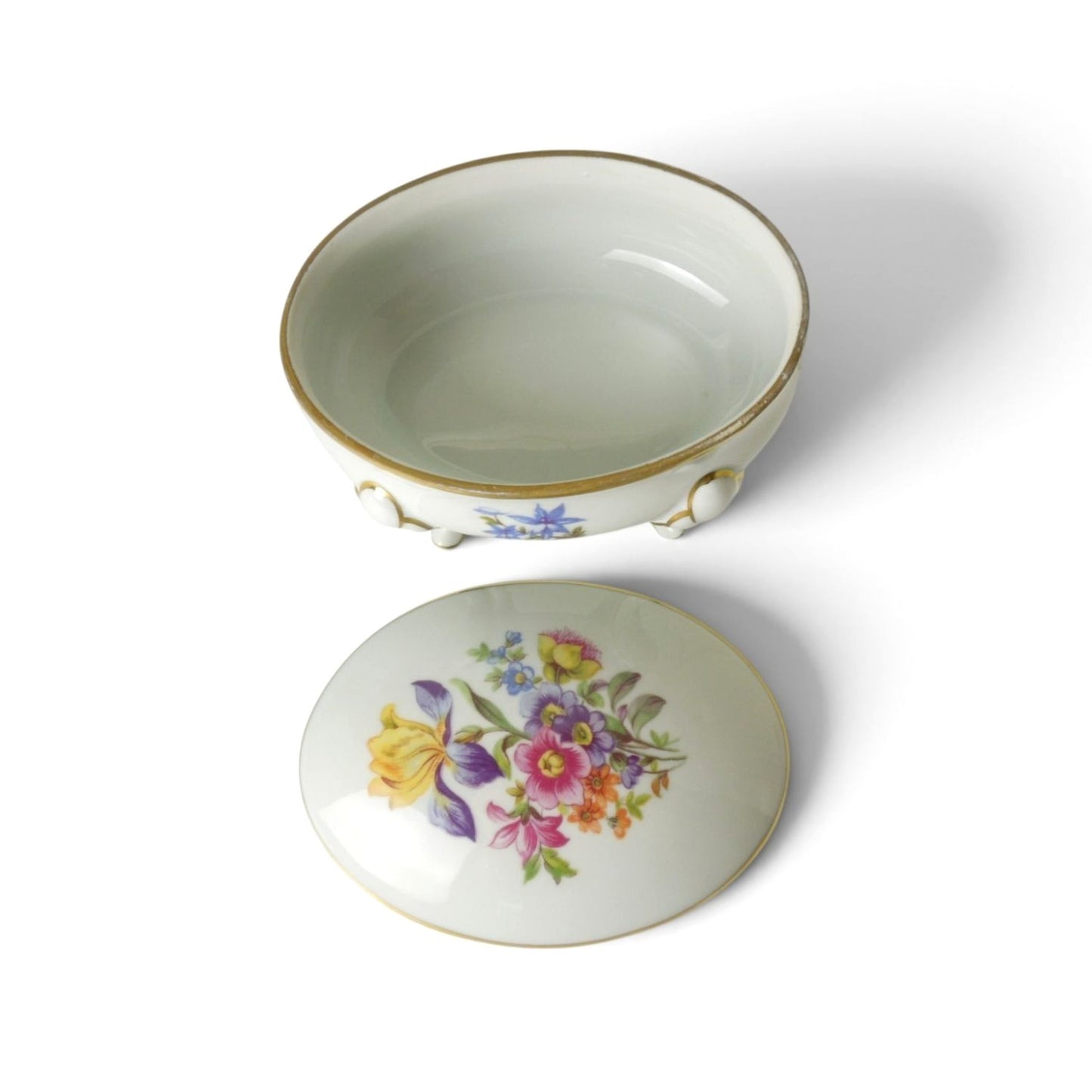 Vintage Graf Von Henneberg Porcelain Footed Trinket Box Floral Germany Gold