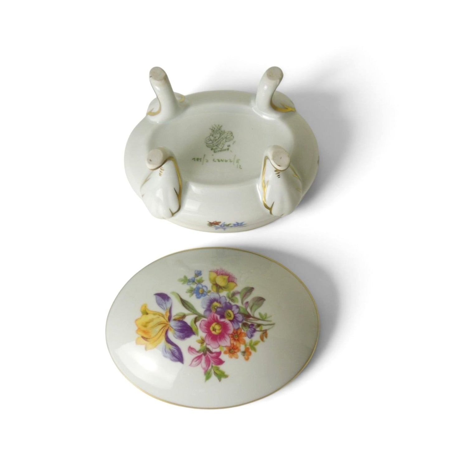 Vintage Graf Von Henneberg Porcelain Footed Trinket Box Floral Germany Gold