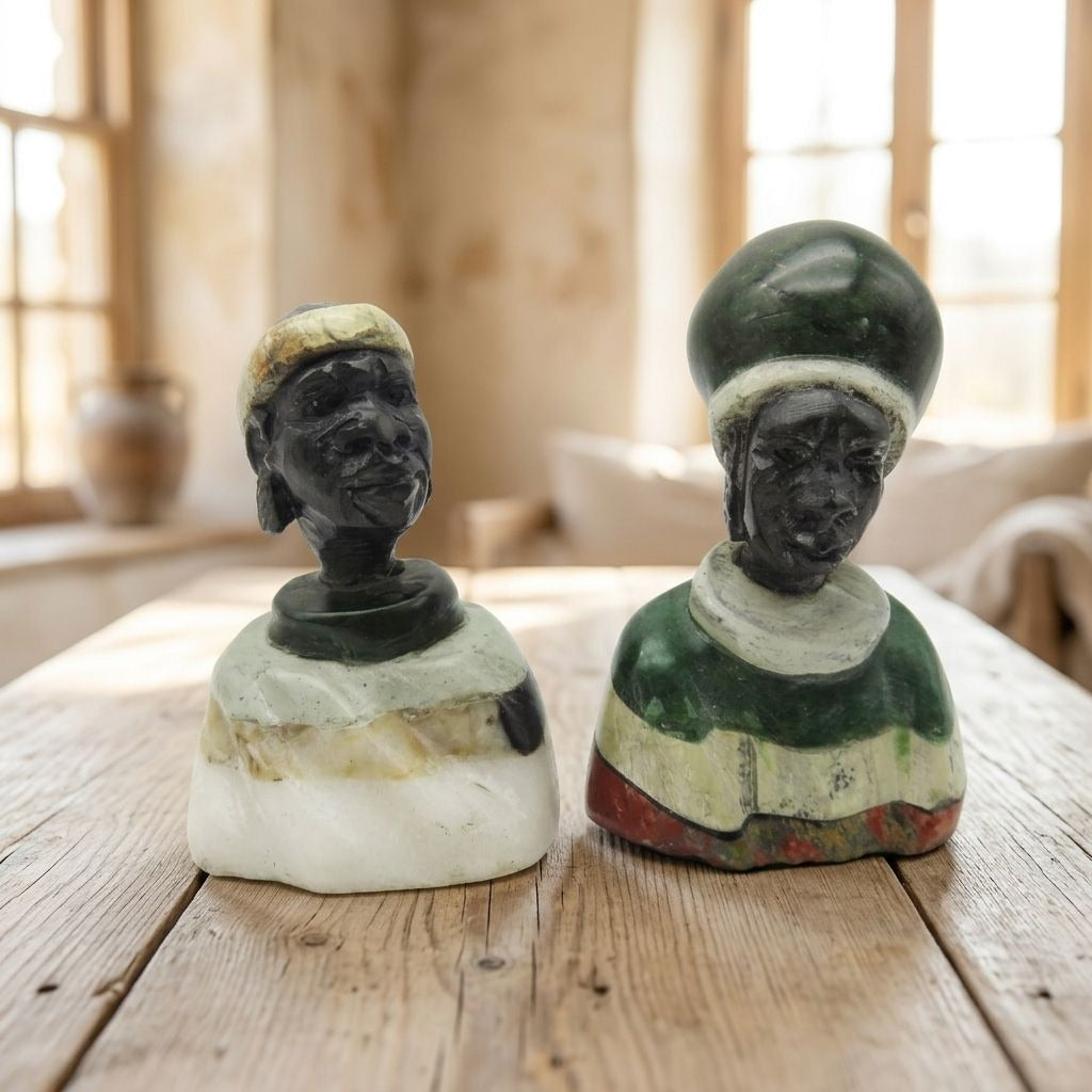 Small Stone Bust Set Hand Carved in South Africa 3.5" and 2.7"