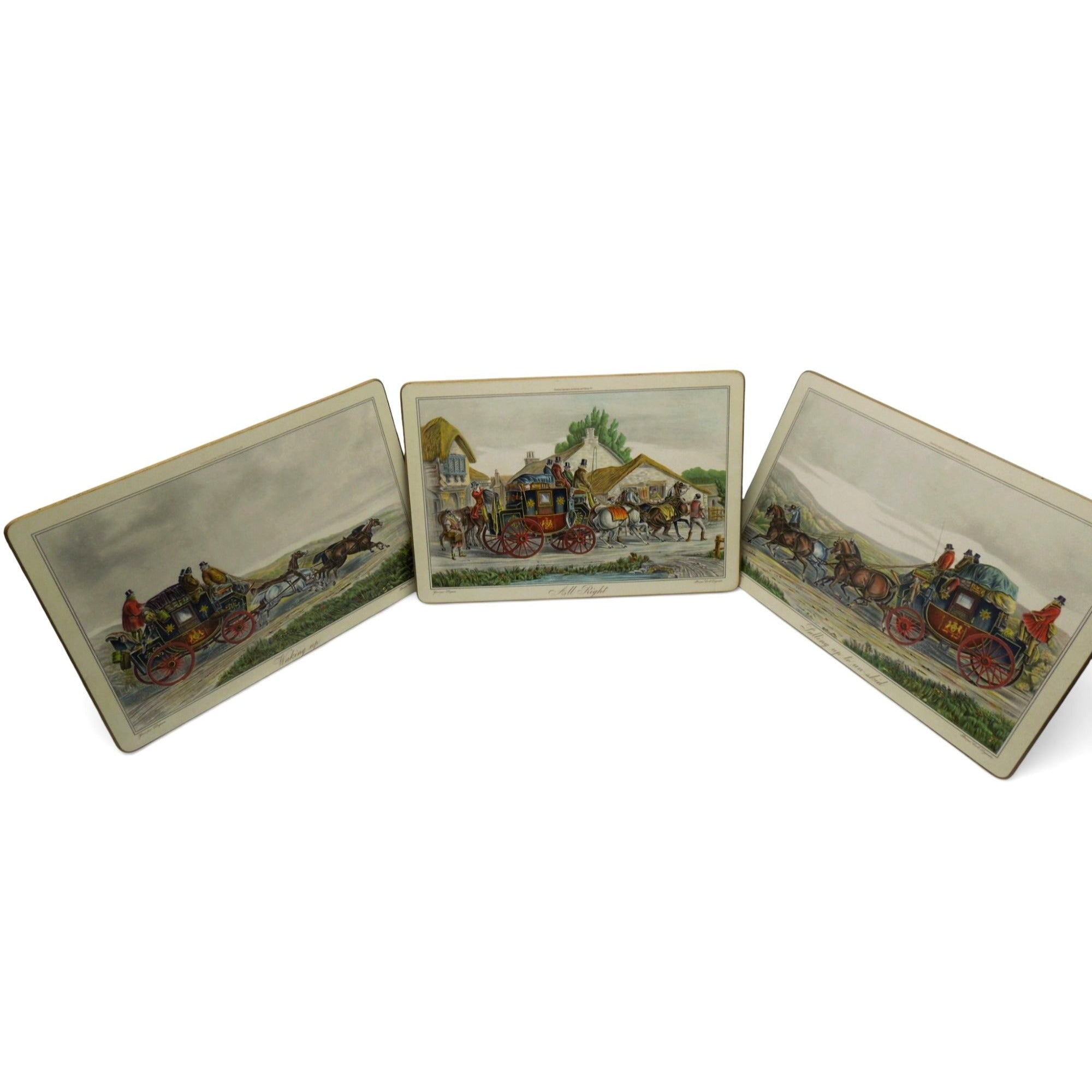 Vintage English Stagecoach Placemats Set Hunt Coach Scene Tableware 13"