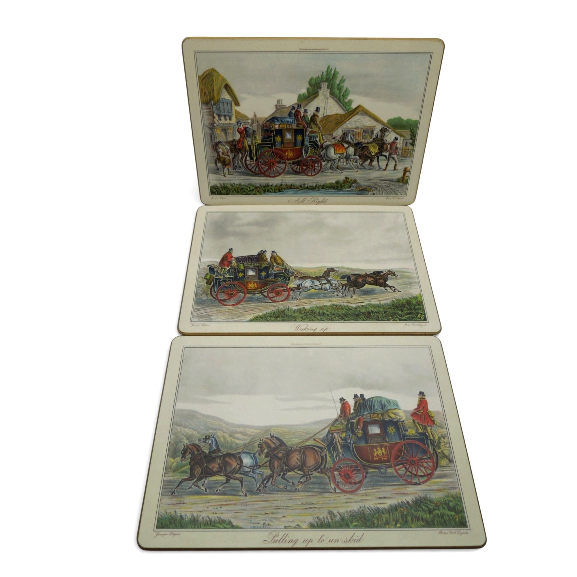 Vintage English Stagecoach Placemats Set Hunt Coach Scene Tableware 13"
