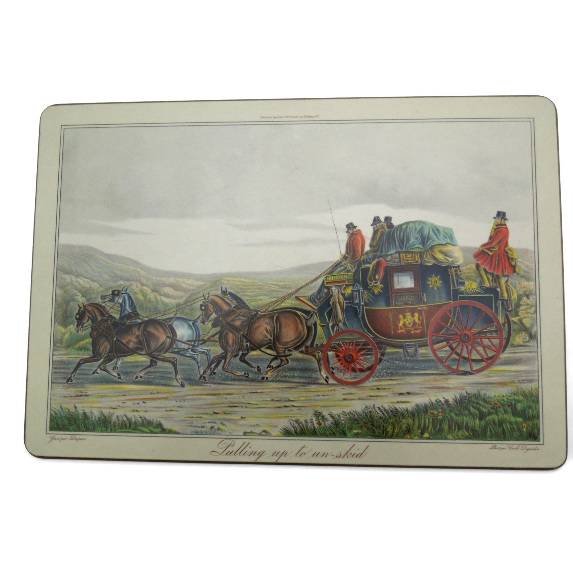 Vintage English Stagecoach Placemats Set Hunt Coach Scene Tableware 13"