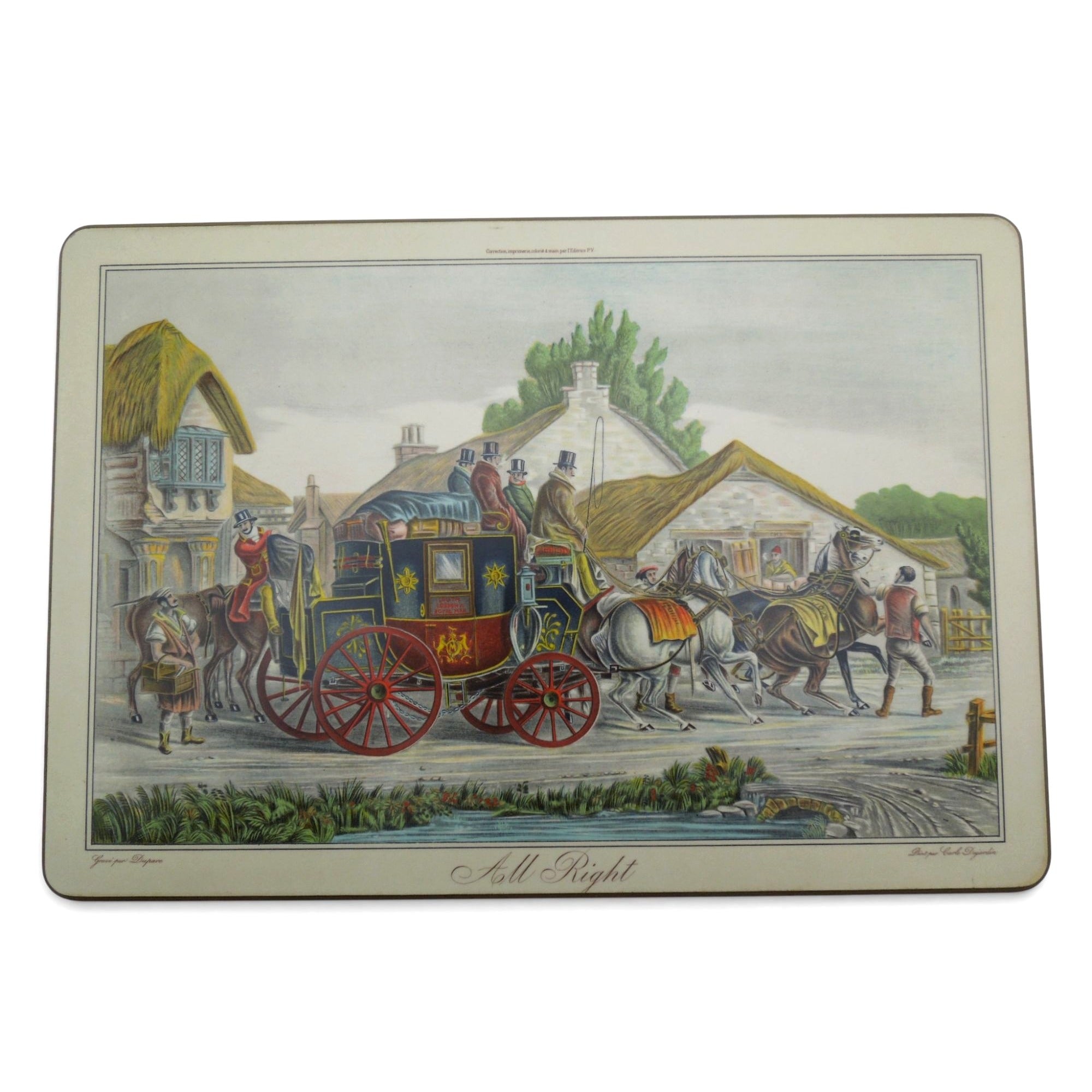 Vintage English Stagecoach Placemats Set Hunt Coach Scene Tableware 13"