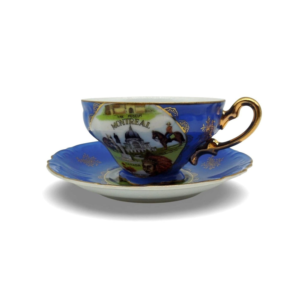 ESD Japan Montreal Canada Souvenir Teacup Set Blue and Gold Vintage