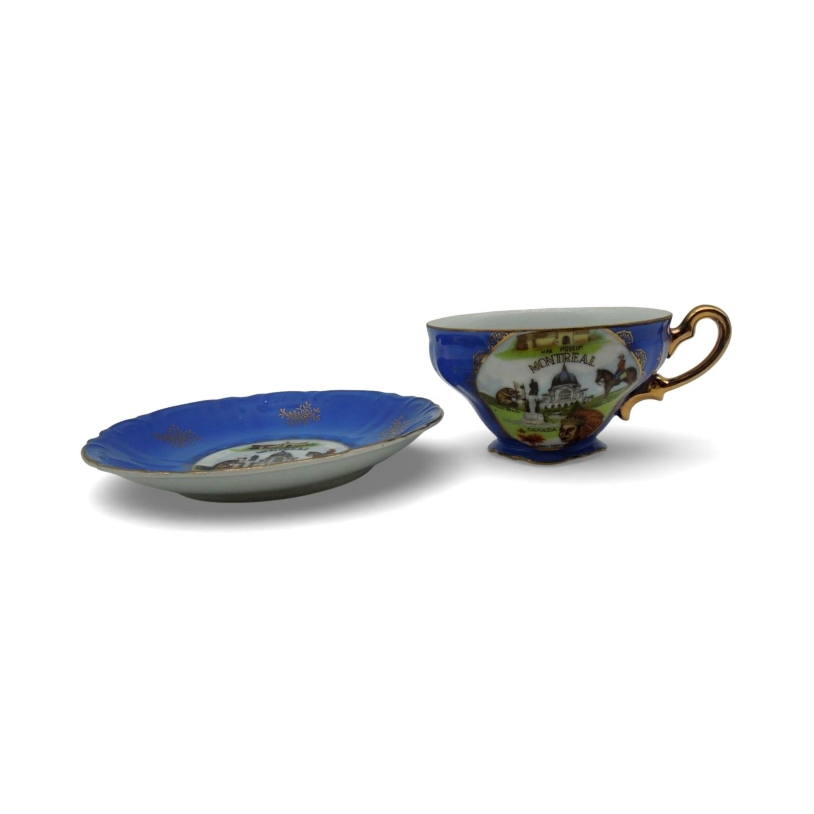 ESD Japan Montreal Canada Souvenir Teacup Set Blue and Gold Vintage