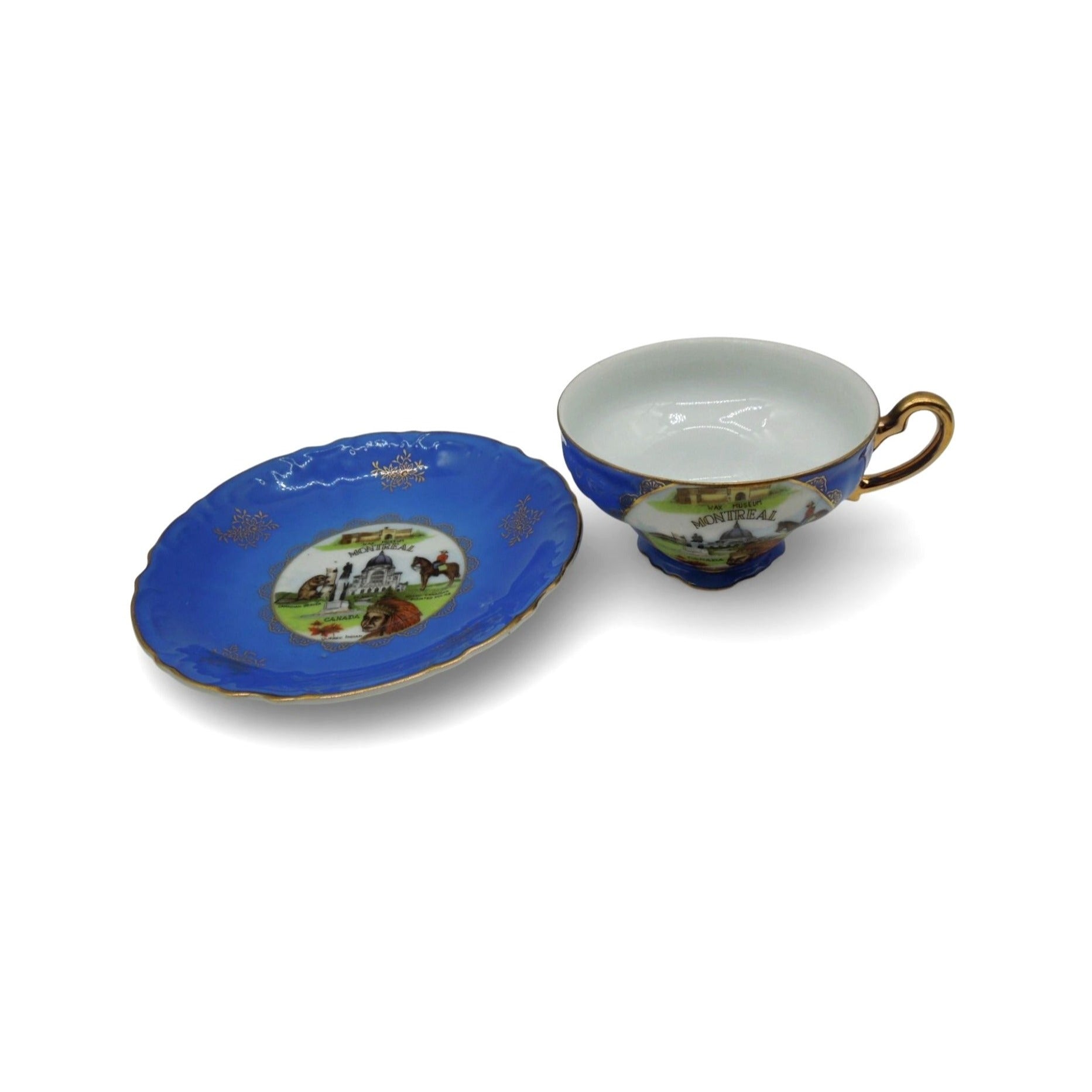 ESD Japan Montreal Canada Souvenir Teacup Set Blue and Gold Vintage