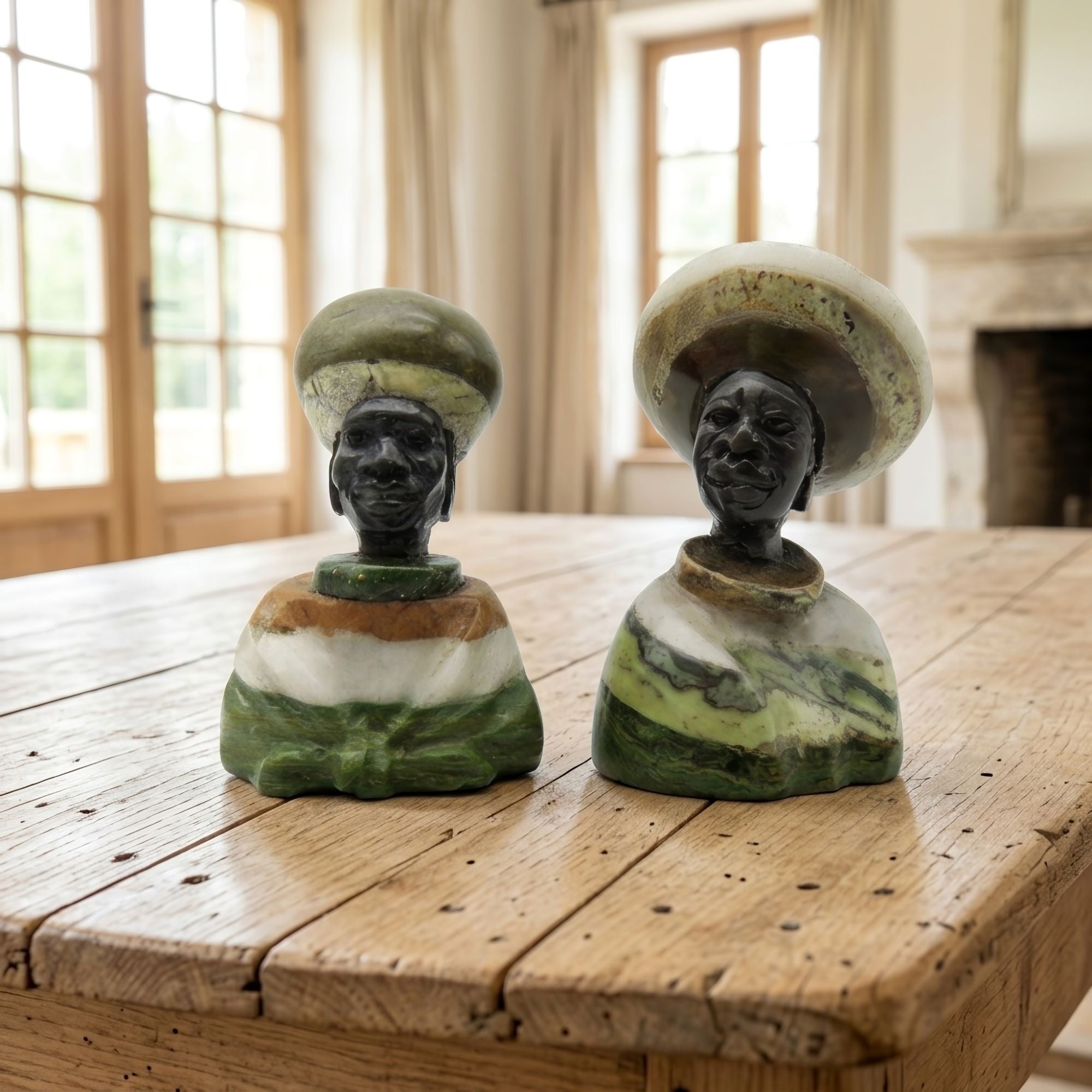 Small Stone Bust Set Hand Carved in South Africa 3.5" and 3.1"