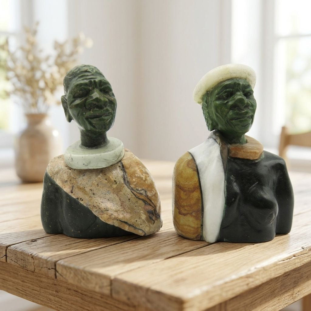 Small Stone Bust Set Colourful Hand Carved in South Africa 3.1" and 2.9"