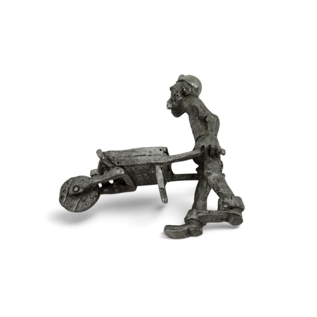 Vintage Pewter Coal Miner With Wheelbarrow Figure Signed Miniature 3"