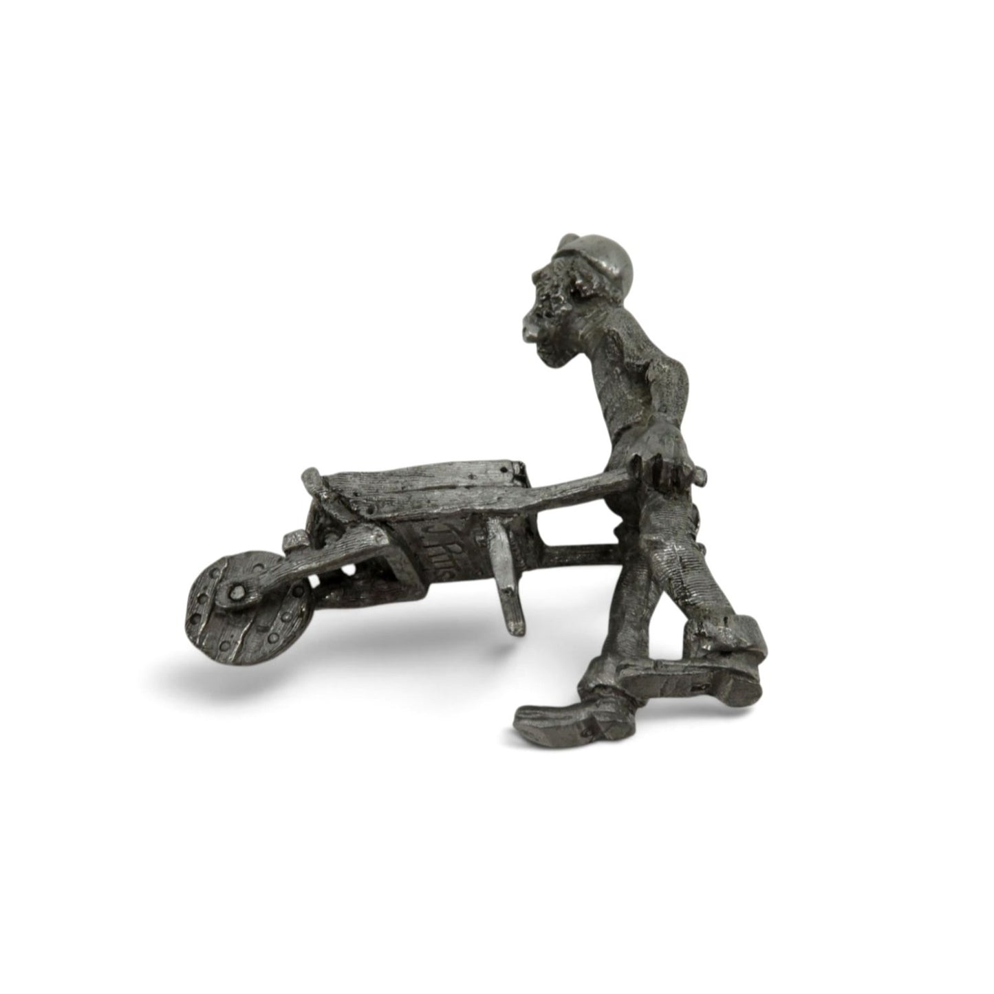 Vintage Pewter Coal Miner With Wheelbarrow Figure Signed Miniature 3"