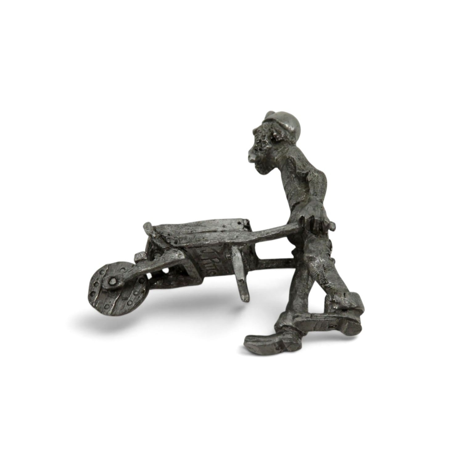 Vintage Pewter Coal Miner With Wheelbarrow Figure Signed Miniature 3"