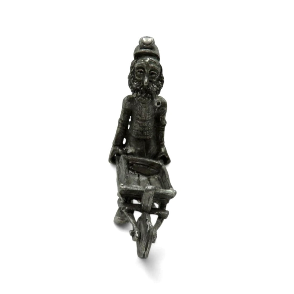 Vintage Pewter Coal Miner With Wheelbarrow Figure Signed Miniature 3"