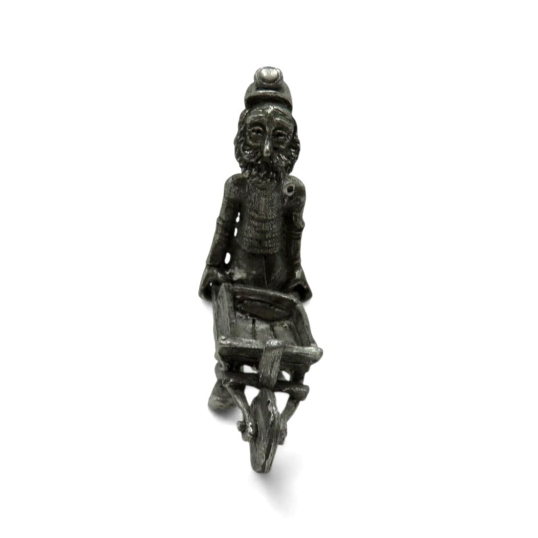 Vintage Pewter Coal Miner With Wheelbarrow Figure Signed Miniature 3"