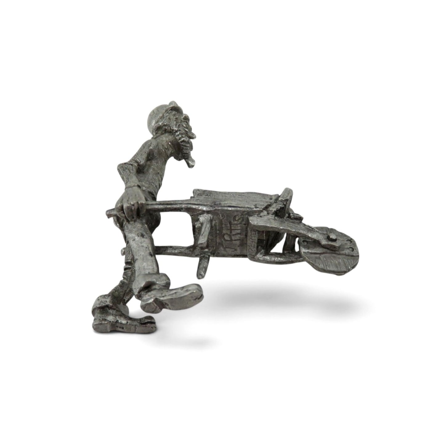 Vintage Pewter Coal Miner With Wheelbarrow Figure Signed Miniature 3"