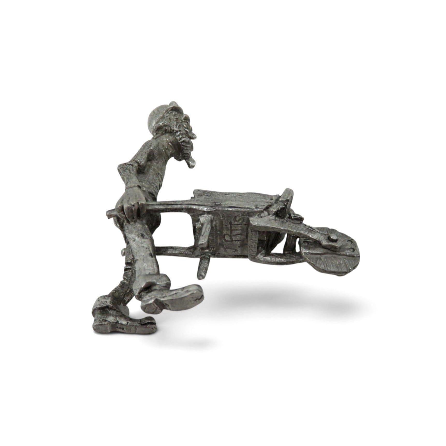 Vintage Pewter Coal Miner With Wheelbarrow Figure Signed Miniature 3"