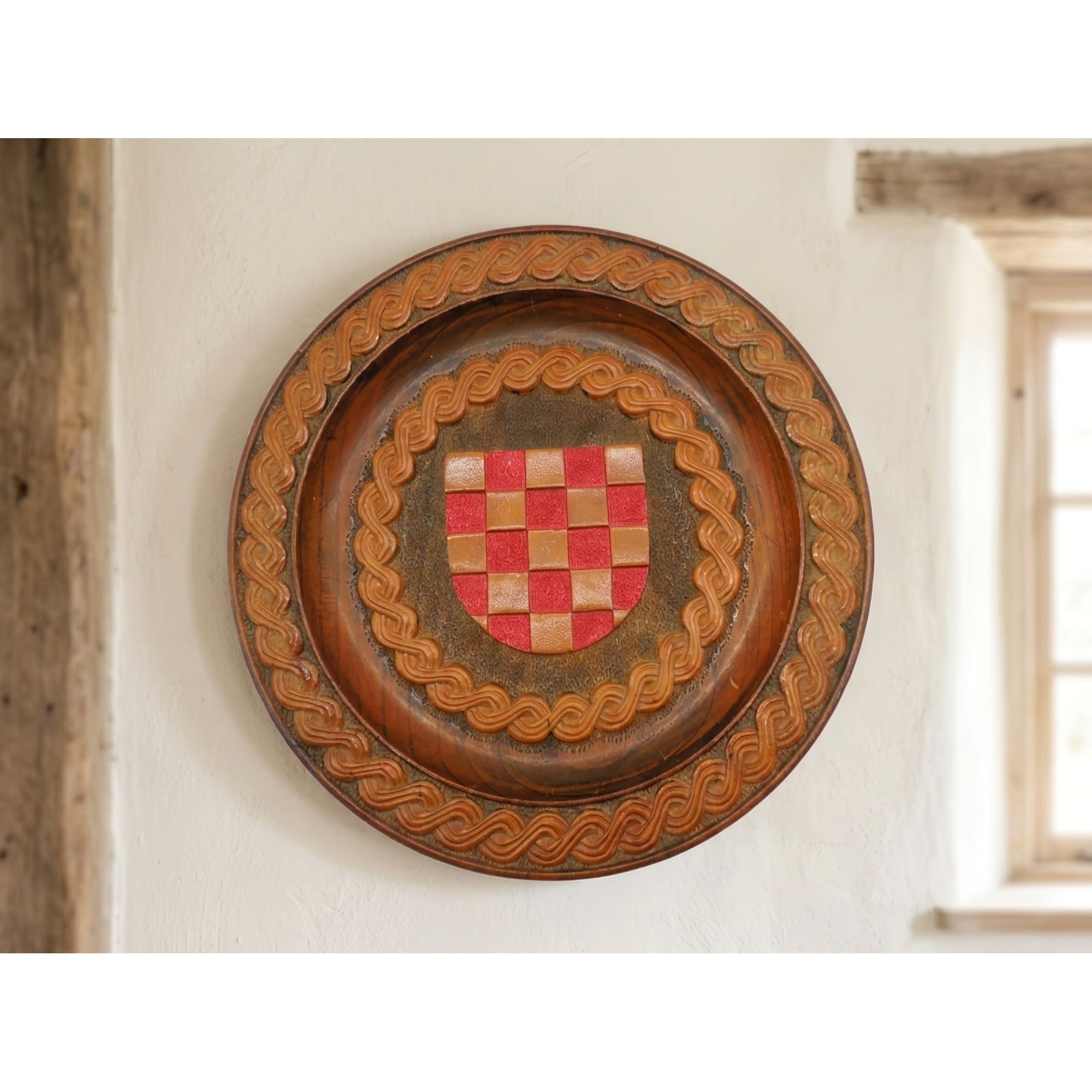 Croatian Coat of Arms Wooden Plaque Carved Wall Decor Šahovnica Vintage 11.5"