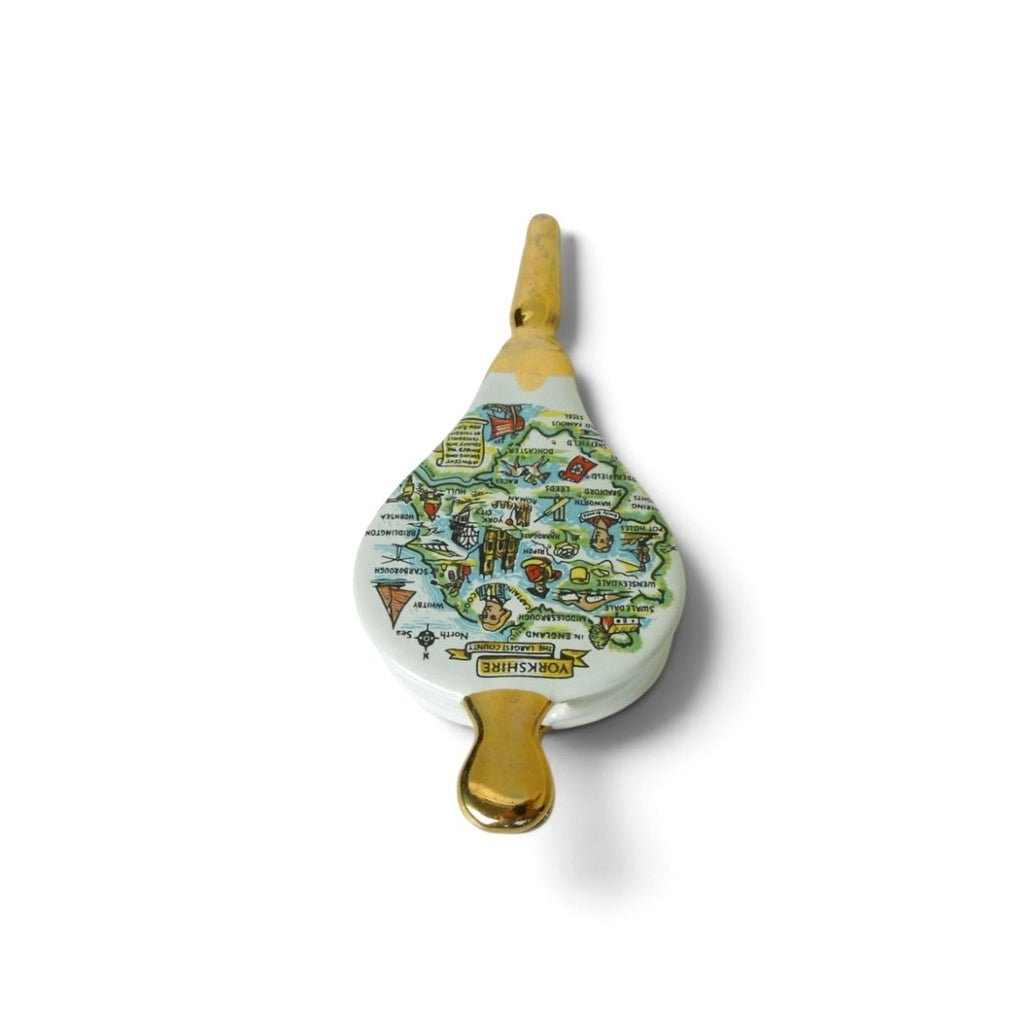 Vintage Yorkshire England Ceramic Wall Plaque Bellows Souvenir Gold Trim 6.2"