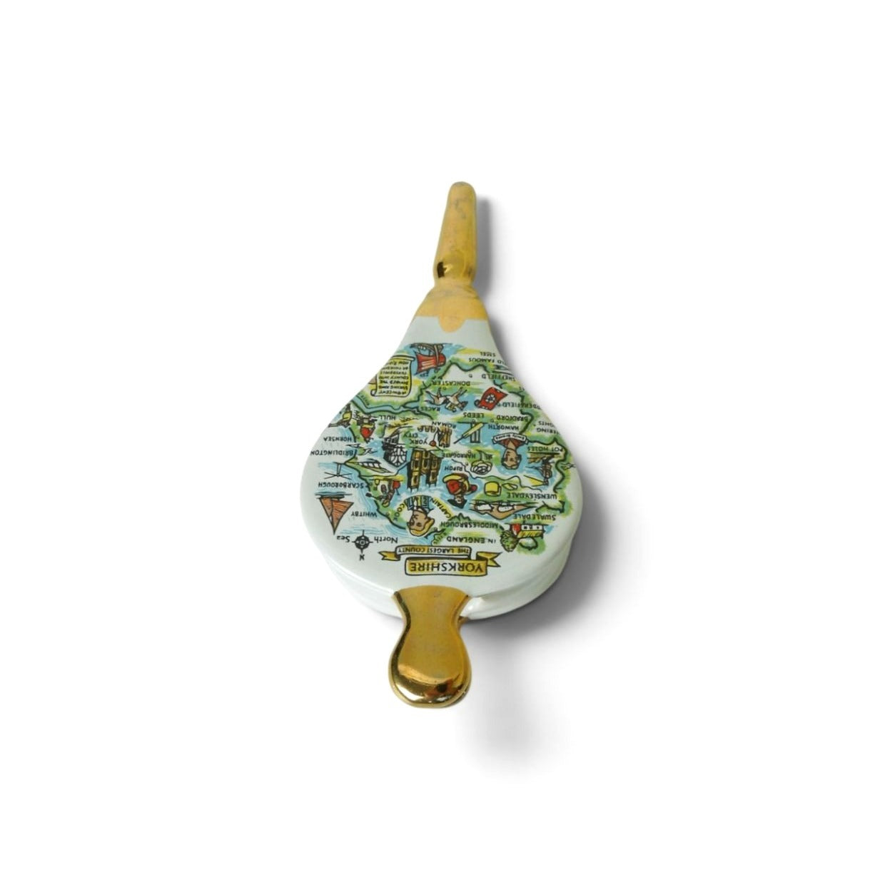 Vintage Yorkshire England Ceramic Wall Plaque Bellows Souvenir Gold Trim 6.2"