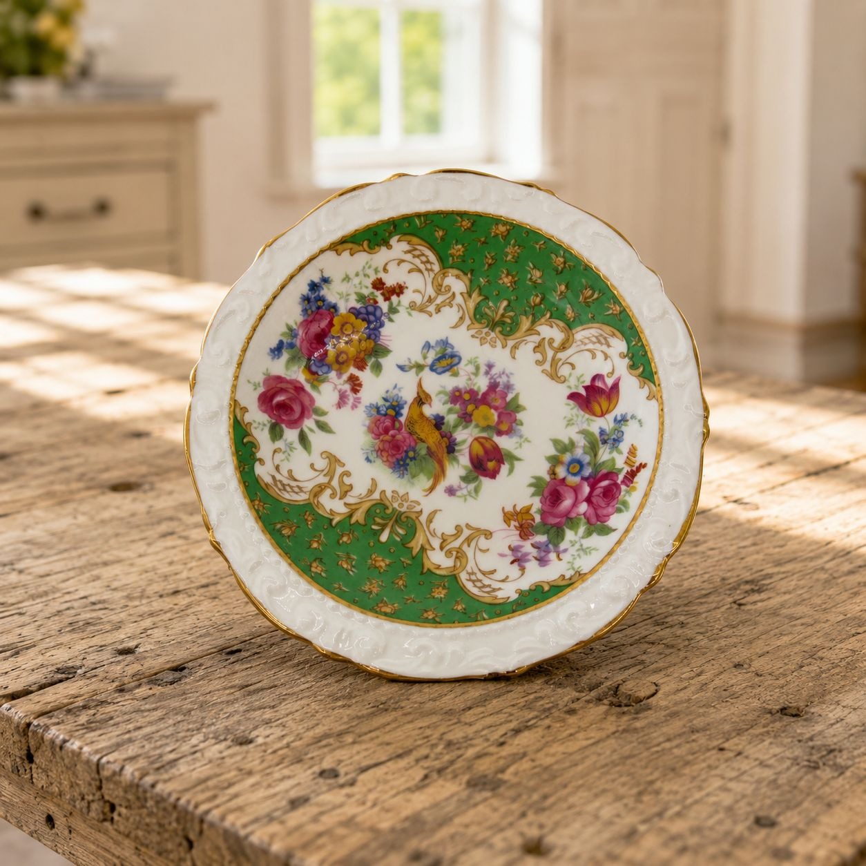 Vintage Paragon Rockingham Green Bone China Trinket Dish Bird of Paradise 4.7"