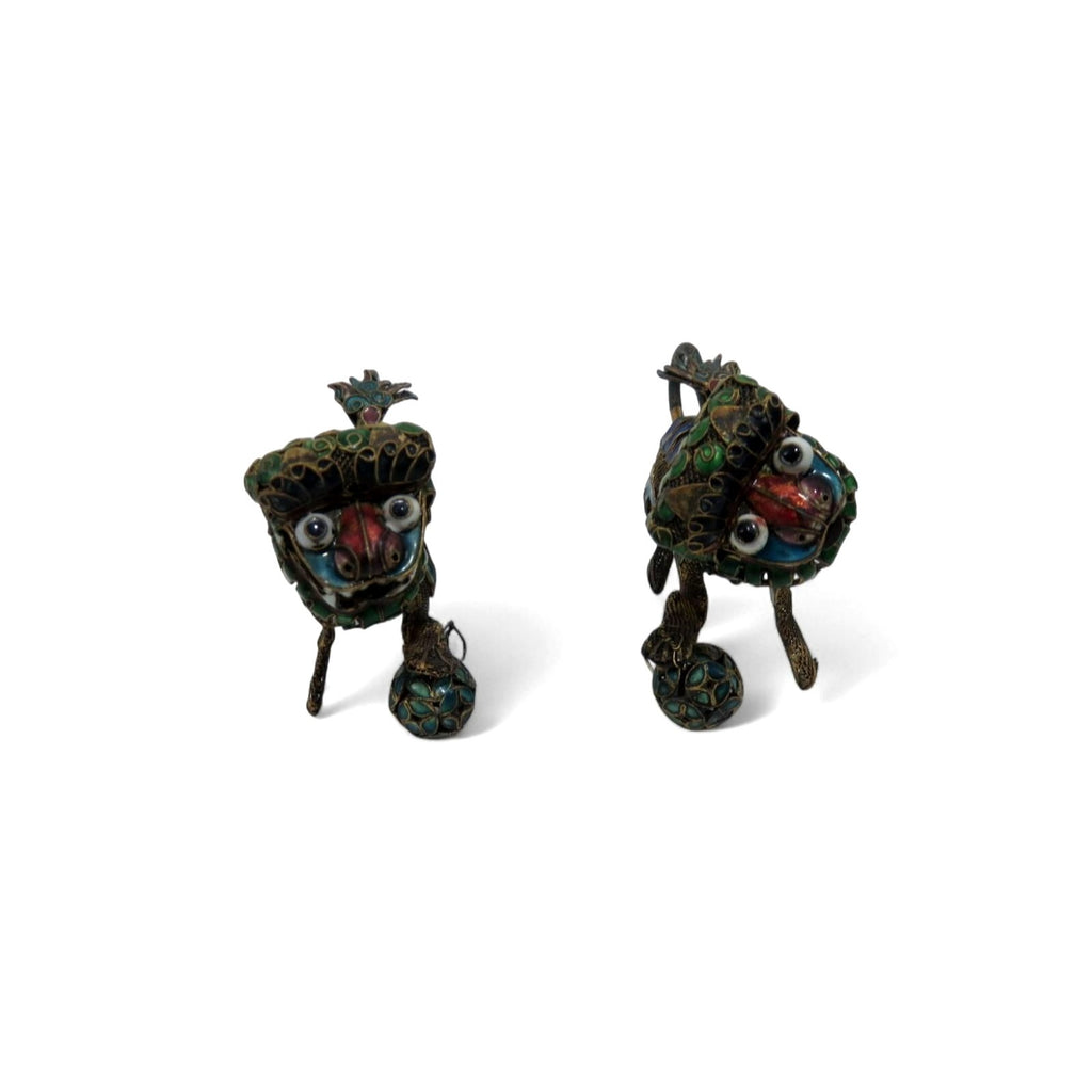 Foo Dog Enamel and Metal Small Figurine Set With Articulated Heads 2.5"
