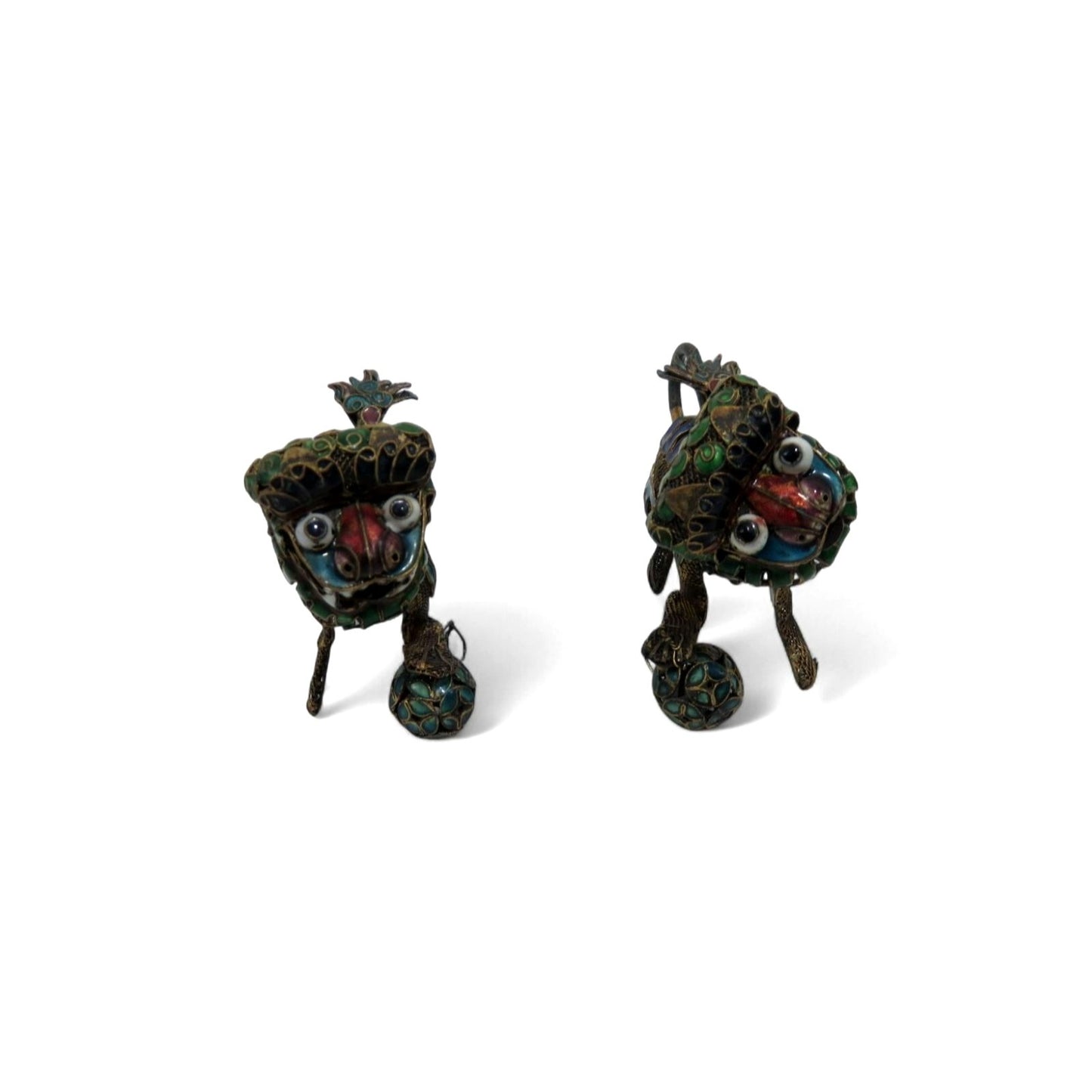 Foo Dog Enamel and Metal Small Figurine Set With Articulated Heads 2.5"