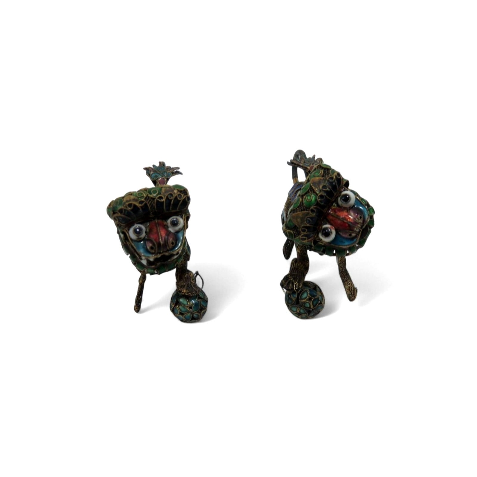 Foo Dog Enamel and Metal Small Figurine Set With Articulated Heads 2.5"
