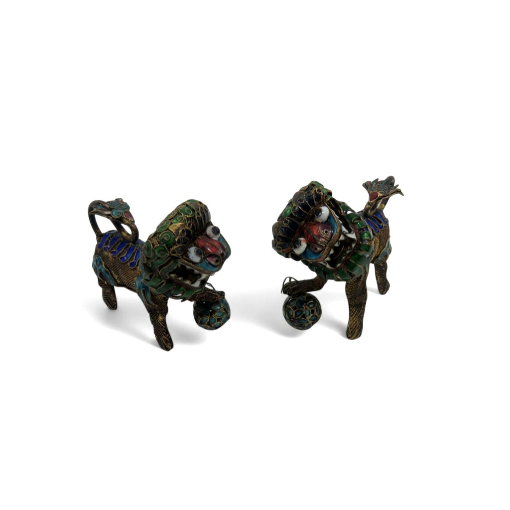 Foo Dog Enamel and Metal Small Figurine Set With Articulated Heads 2.5"