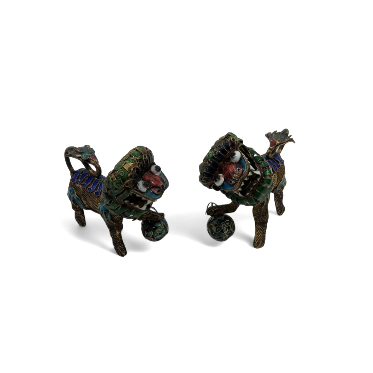 Foo Dog Enamel and Metal Small Figurine Set With Articulated Heads 2.5"