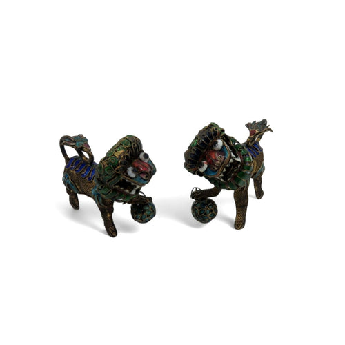 Foo Dog Enamel and Metal Small Figurine Set With Articulated Heads 2.5"