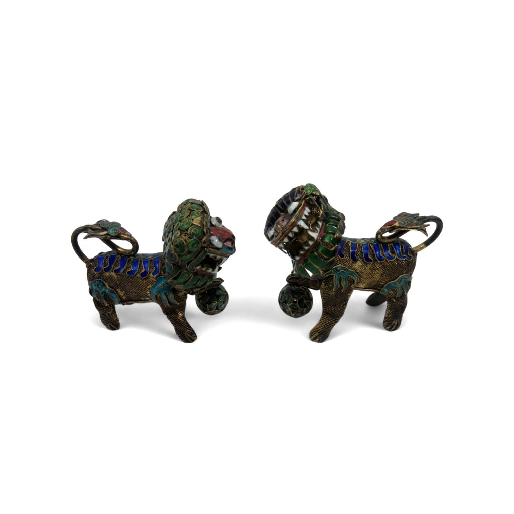 Foo Dog Enamel and Metal Small Figurine Set With Articulated Heads 2.5"