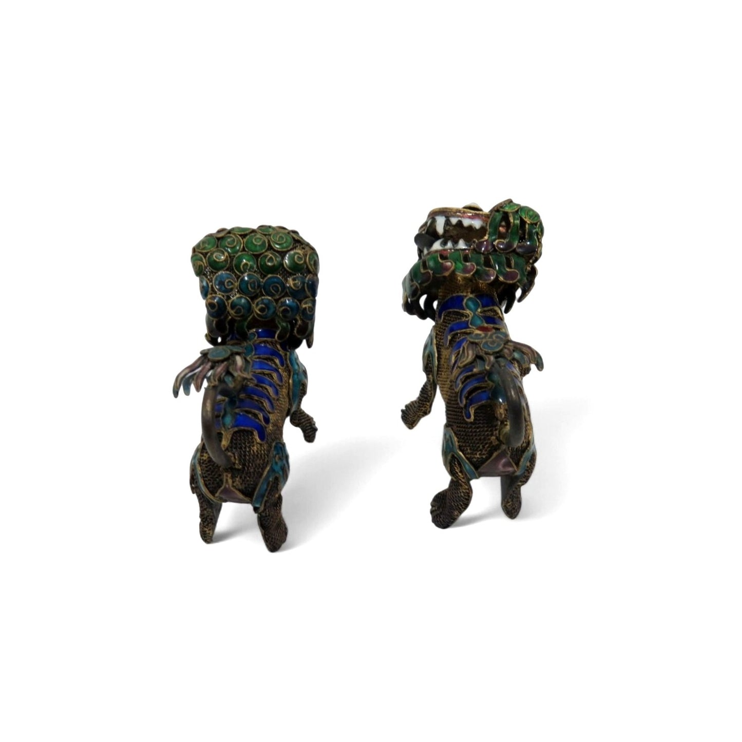 Foo Dog Enamel and Metal Small Figurine Set With Articulated Heads 2.5"