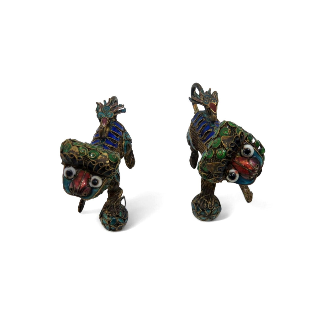 Foo Dog Enamel and Metal Small Figurine Set With Articulated Heads 2.5"
