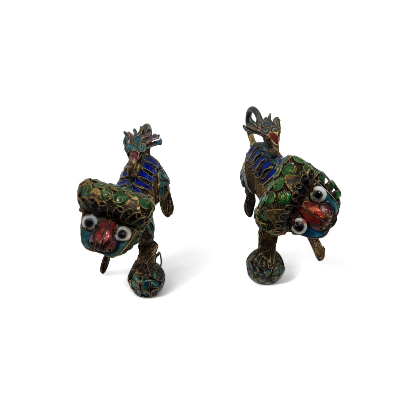 Foo Dog Enamel and Metal Small Figurine Set With Articulated Heads 2.5"
