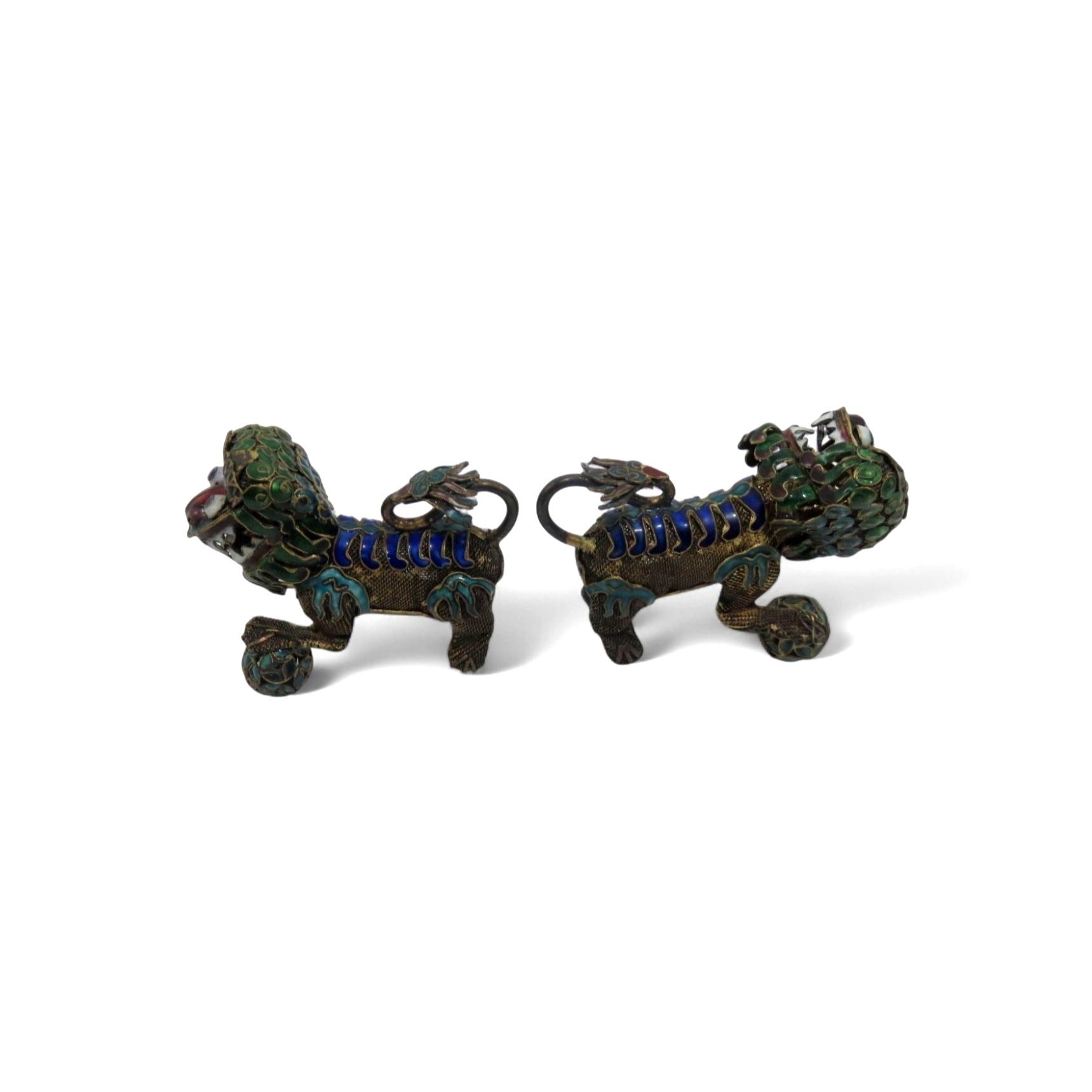 Foo Dog Enamel and Metal Small Figurine Set With Articulated Heads 2.5"