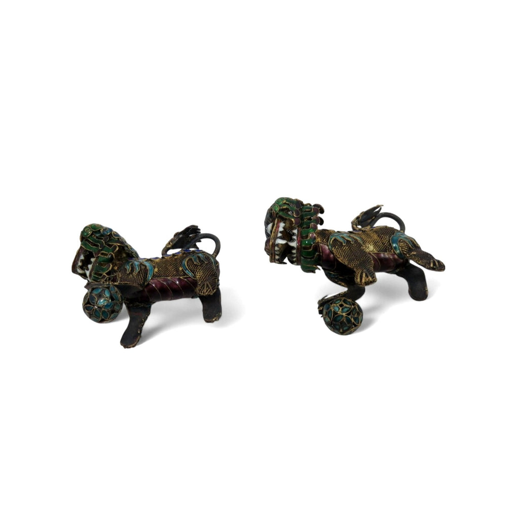 Foo Dog Enamel and Metal Small Figurine Set With Articulated Heads 2.5"