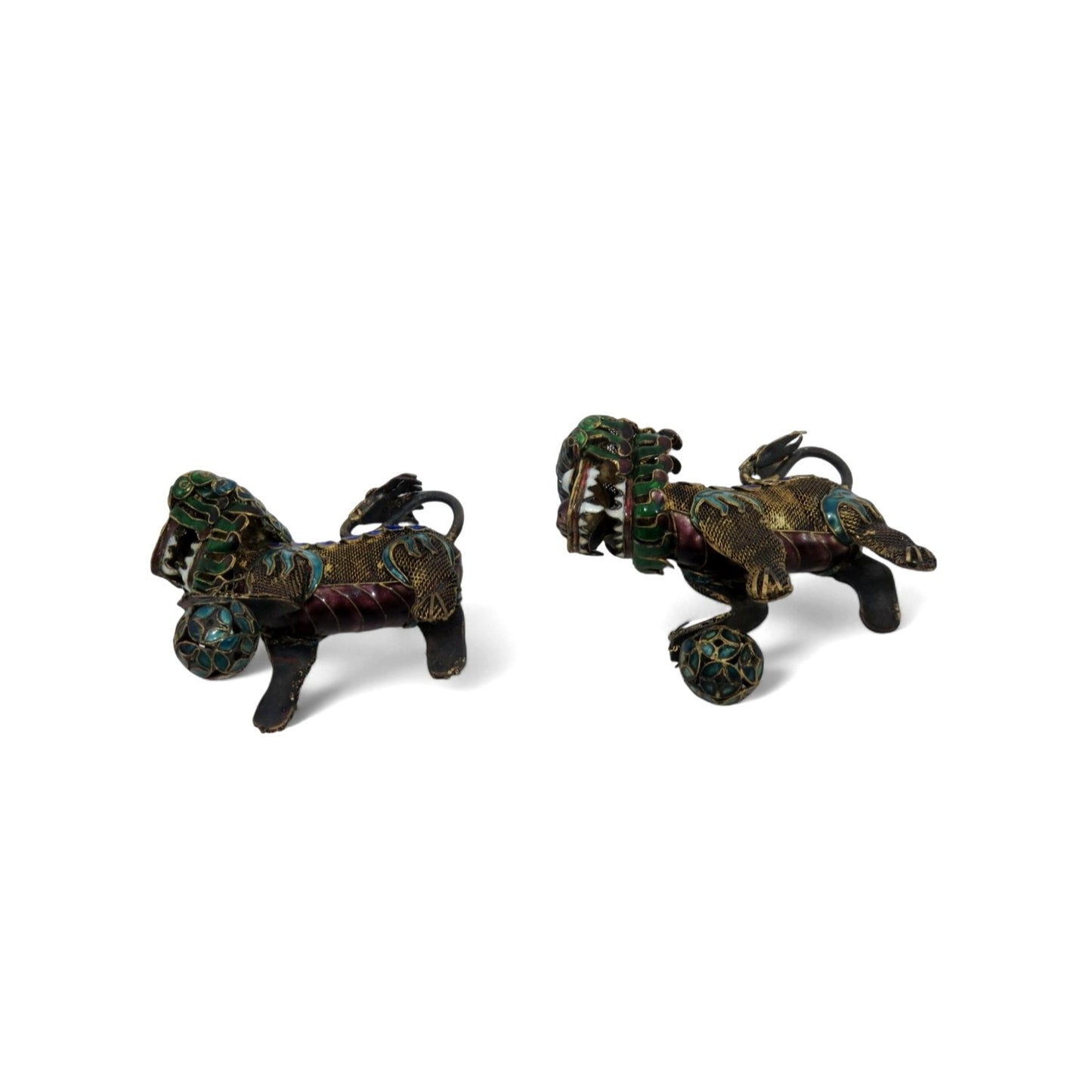 Foo Dog Enamel and Metal Small Figurine Set With Articulated Heads 2.5"